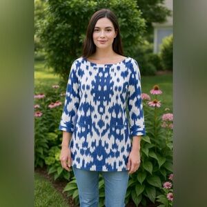 Vineyard Vines Ikat Print Tunic Top Blue White 3/4 Sleeve Casual Shirt XS NWT